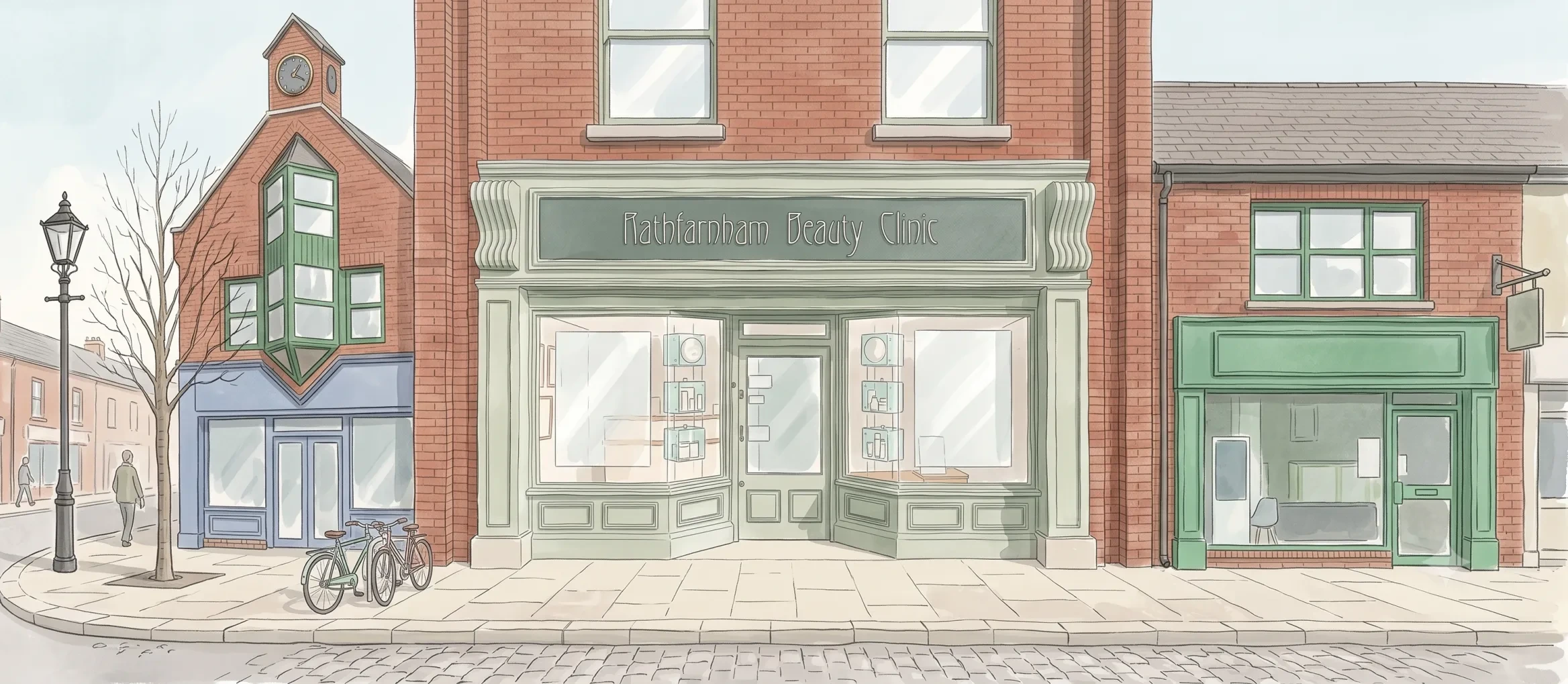 A fine-line watercolour illustration of Rathfarnham village street: the sage-green Art Deco shopfront of Rathfarnham Beauty Clinic at the centre, a red-brick clock-tower building and a bare tree to its left, and a green corner take-away to its right, above a cobbled street
